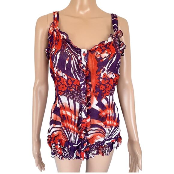 Y2K EURO Ruffle Crinkle Sheer Cami Top Abstract Boho Resort Coastal Indie - Picture 2 of 9